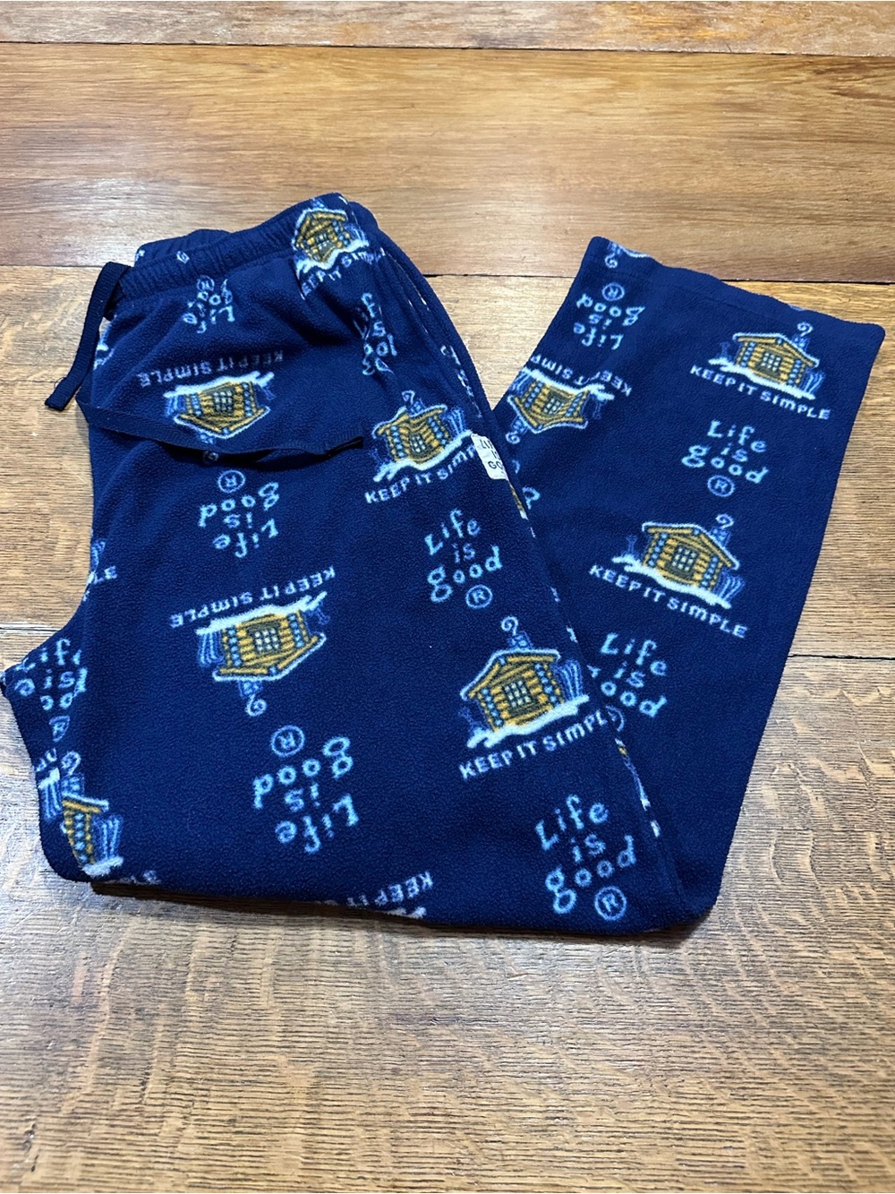 Life Is Good Navy Blue Fleece mens sz large Pajama Pants‎ with Cabin Print